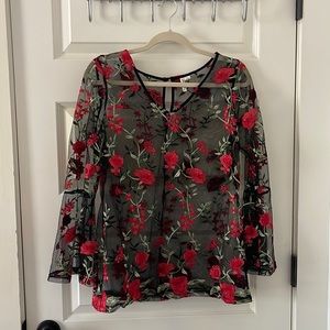 Sheer Black Top with Red Floral Detailing and Bell Sleeves